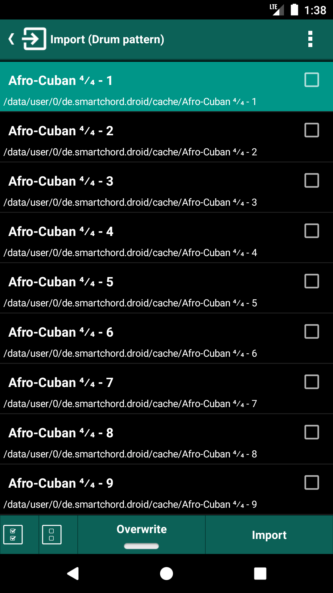 Import drum pattern dialog with checkboxes next to Afro-Cuban patterns 1 to 9 and Overwrite and Import buttons at the bottom