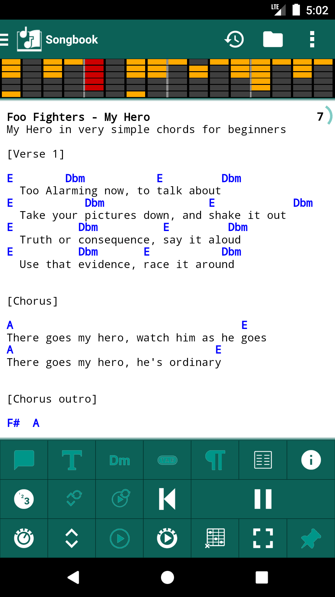 Songbook playing Foo Fighters My Hero with the minimized drum pattern visible at the top and the pause button active