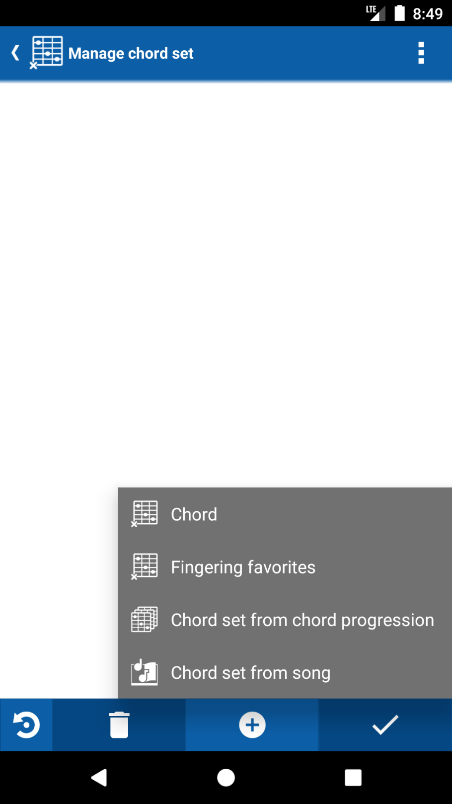 Add chord options menu showing chord, fingering favorites, chord set from chord progression and chord set from song