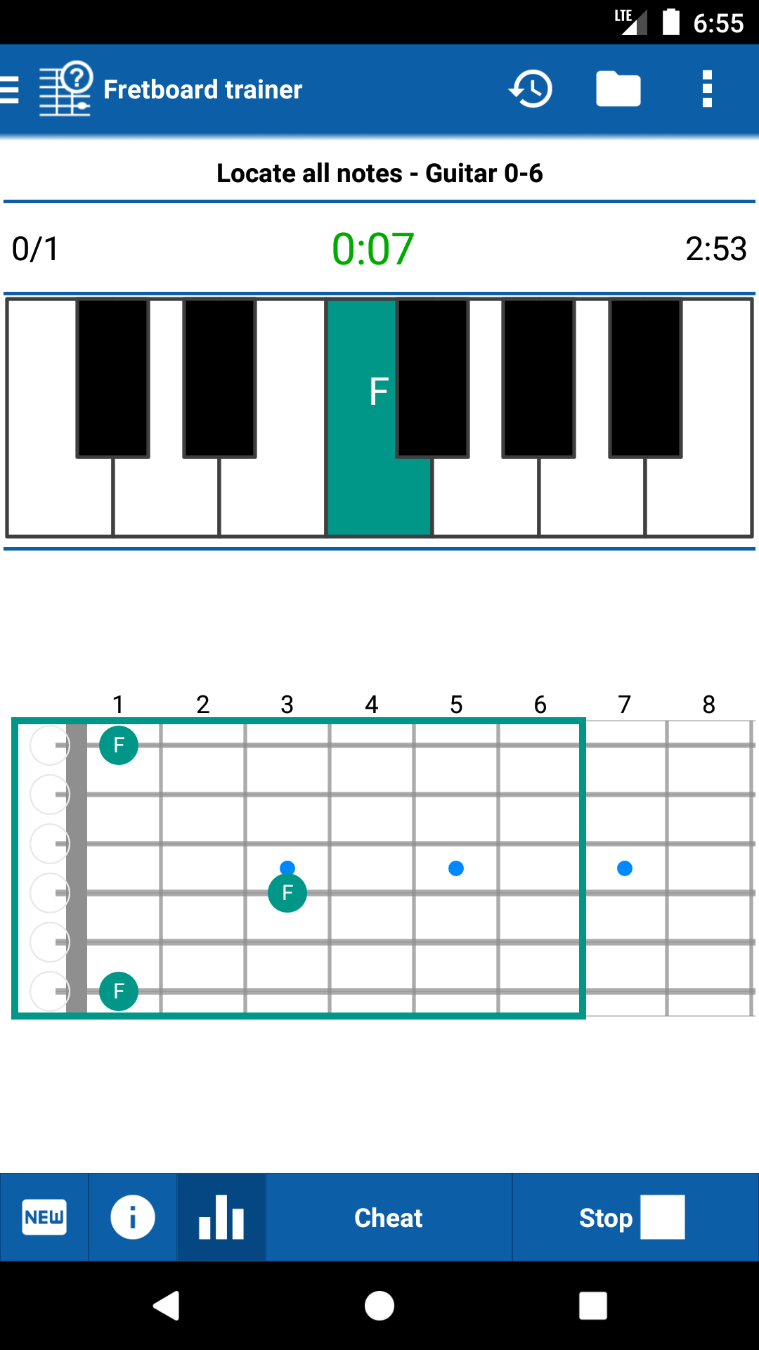 smartChord Fretboard Trainer main screen showing a locate all notes quiz on guitar with piano and fretboard view