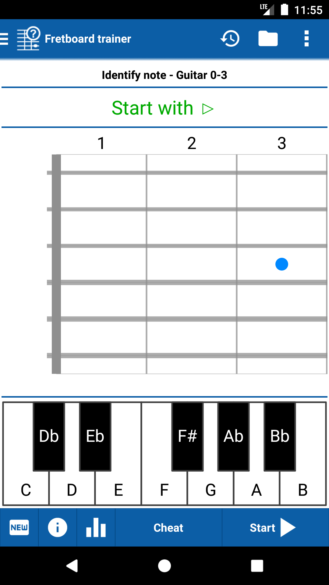 Fretboard Trainer quiz ready to start showing identify note quiz on guitar frets 0-3 with piano answer view