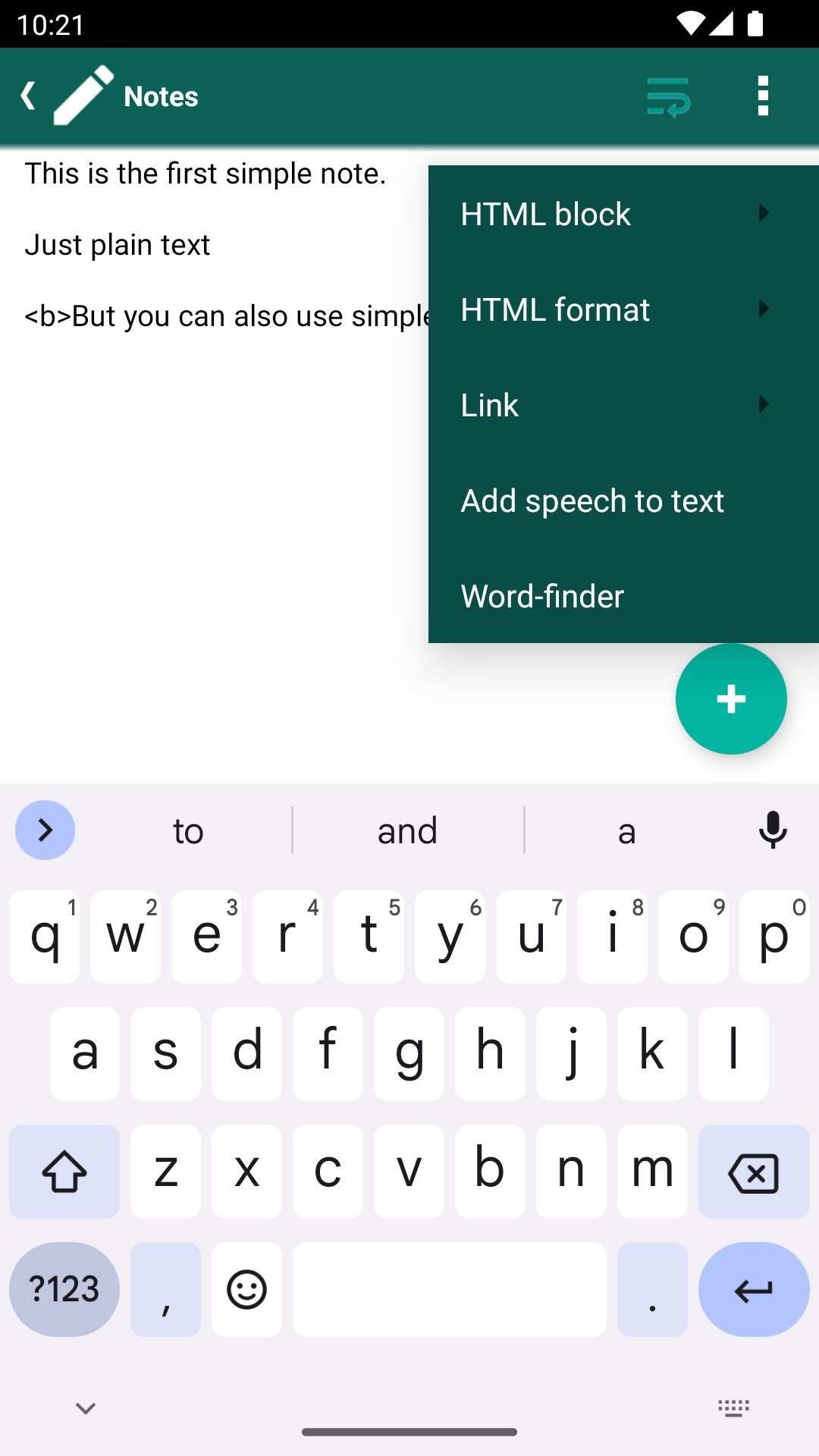 Notepad editor Add menu with HTML block, HTML format, Link, Add speech to text and Word-finder options