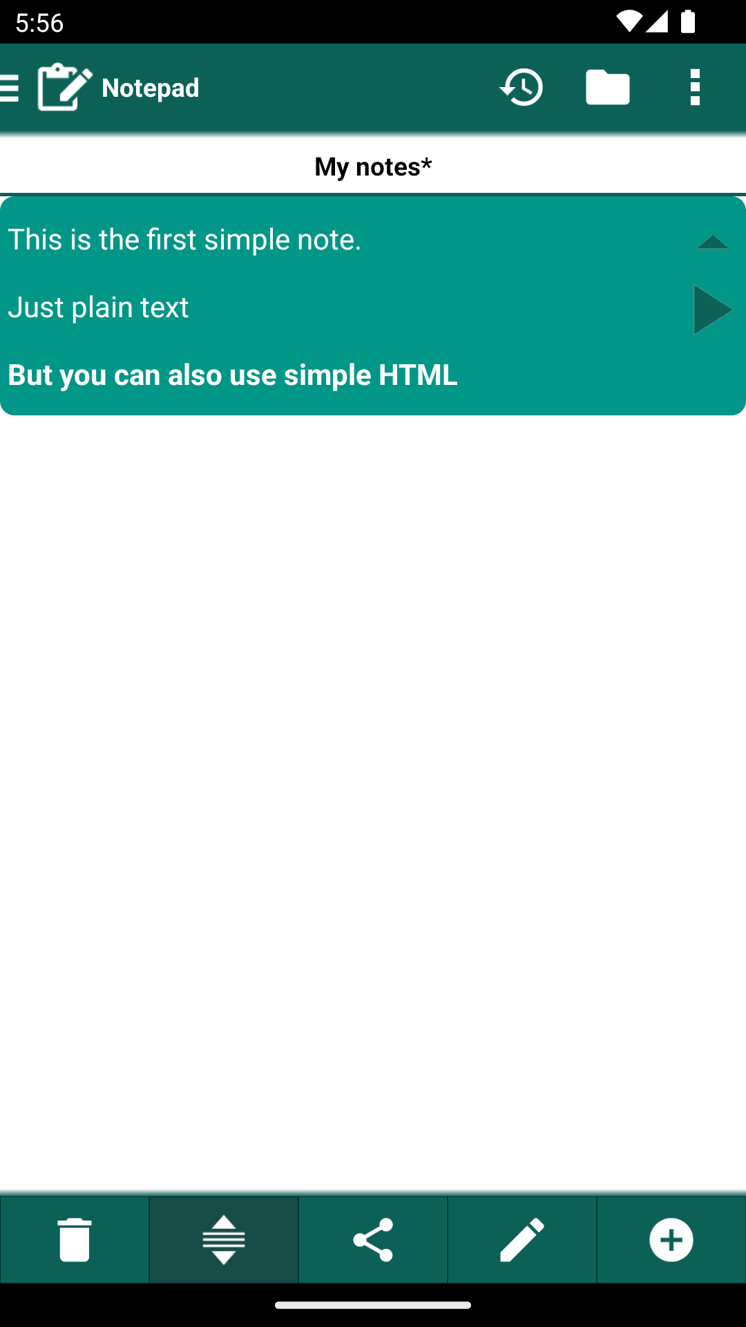 Notepad with one text entry expanded showing three lines of a note about plain text and HTML