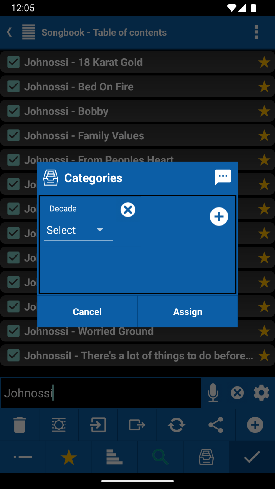Assign categories dialog with a single empty Decade row and a plus button to add another category