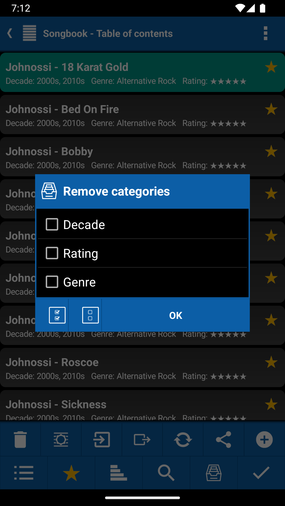 Remove categories dialog with checkboxes for Decade, Rating and Genre letting the user pick which category values should be dropped