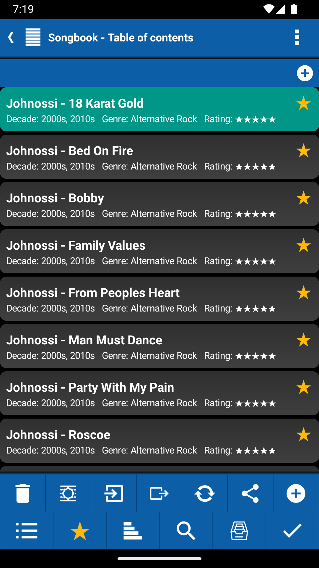 Songbook with categories hidden showing only the plain song titles for a compact overview