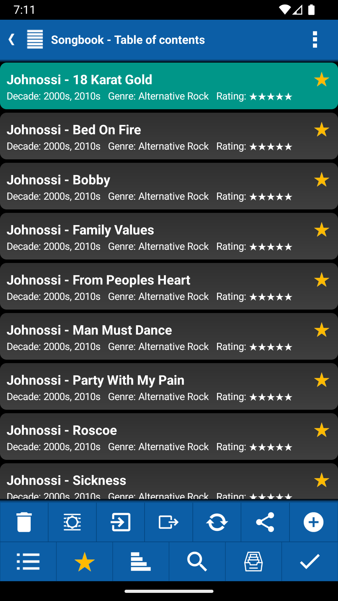 Songbook with Decade, Genre and Rating shown beneath every song title giving a dense but informative list