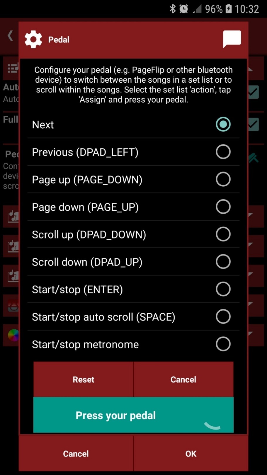 Pedal configuration in listening mode with a green Press your pedal button waiting for an incoming Bluetooth signal from the connected pedal
