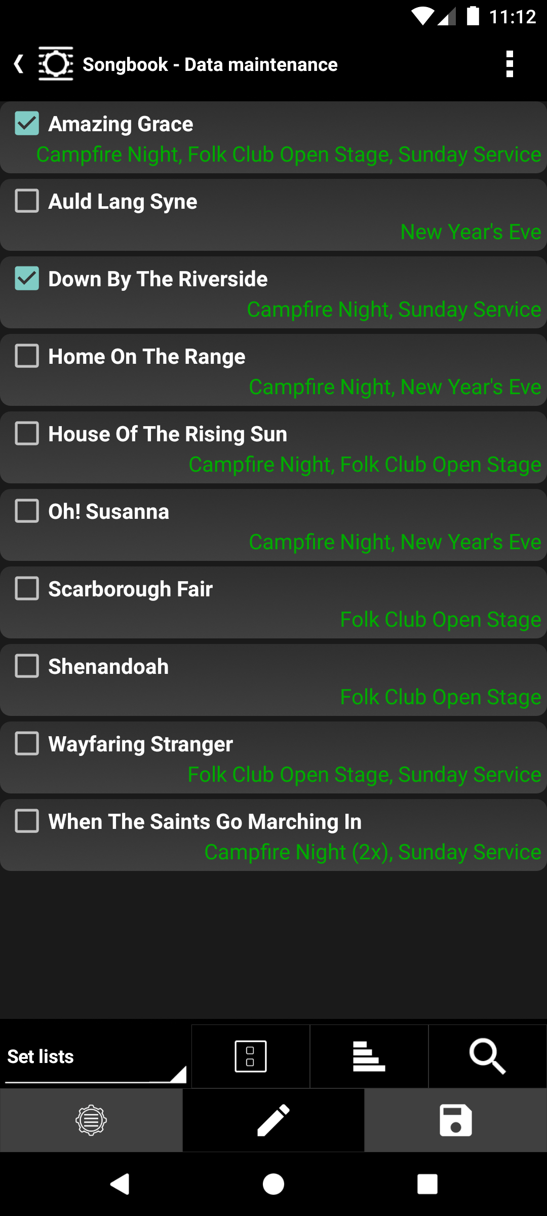 Data maintenance of the Songbook with the property 'Set lists': below every song the set lists which contain it