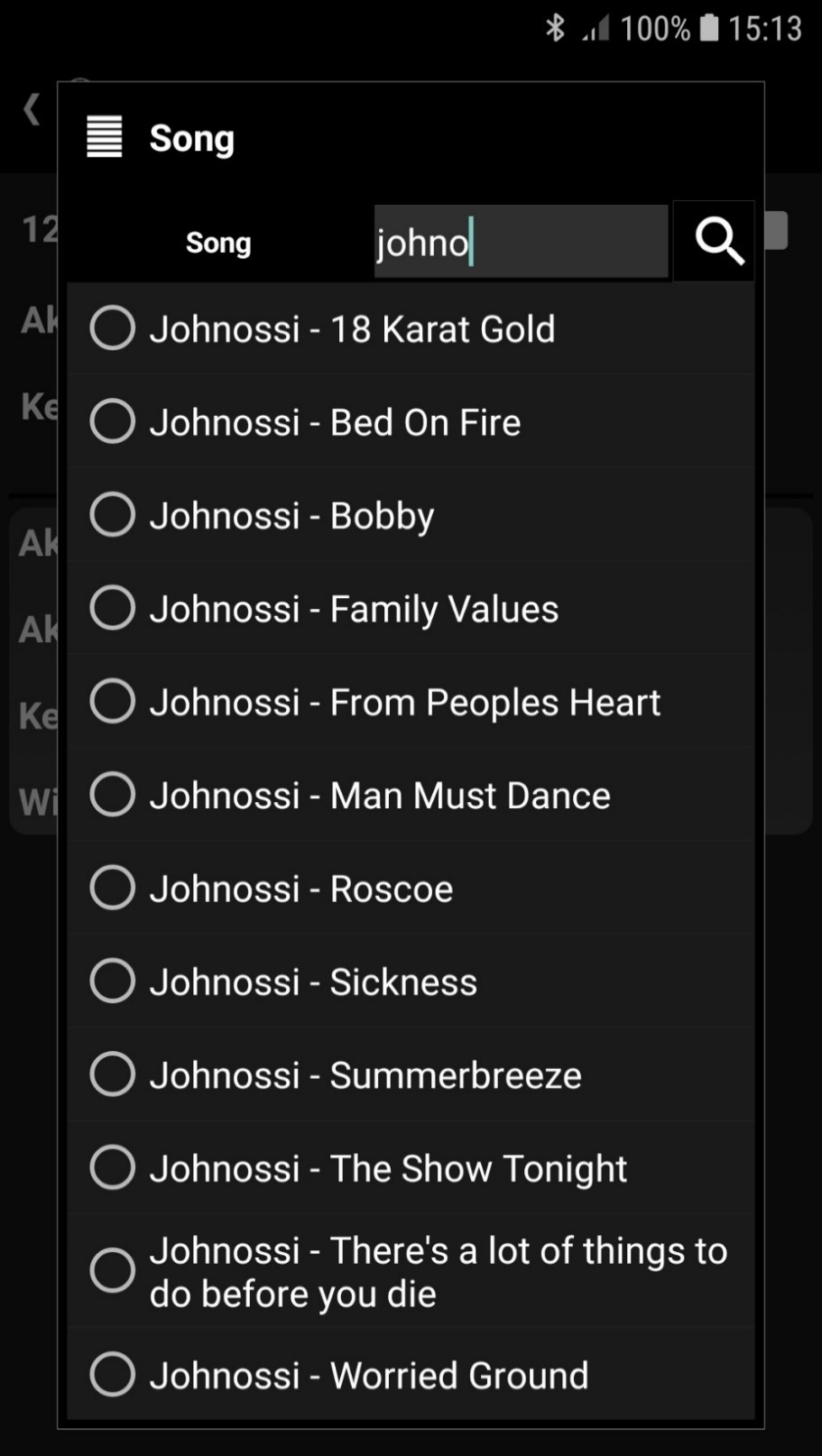 Choose song dialog in the Song analyzer showing a filtered list of songs by Johnossi including 18 Karat Gold, Bed On Fire, Bobby, Family Values, Man Must Dance, Roscoe and more