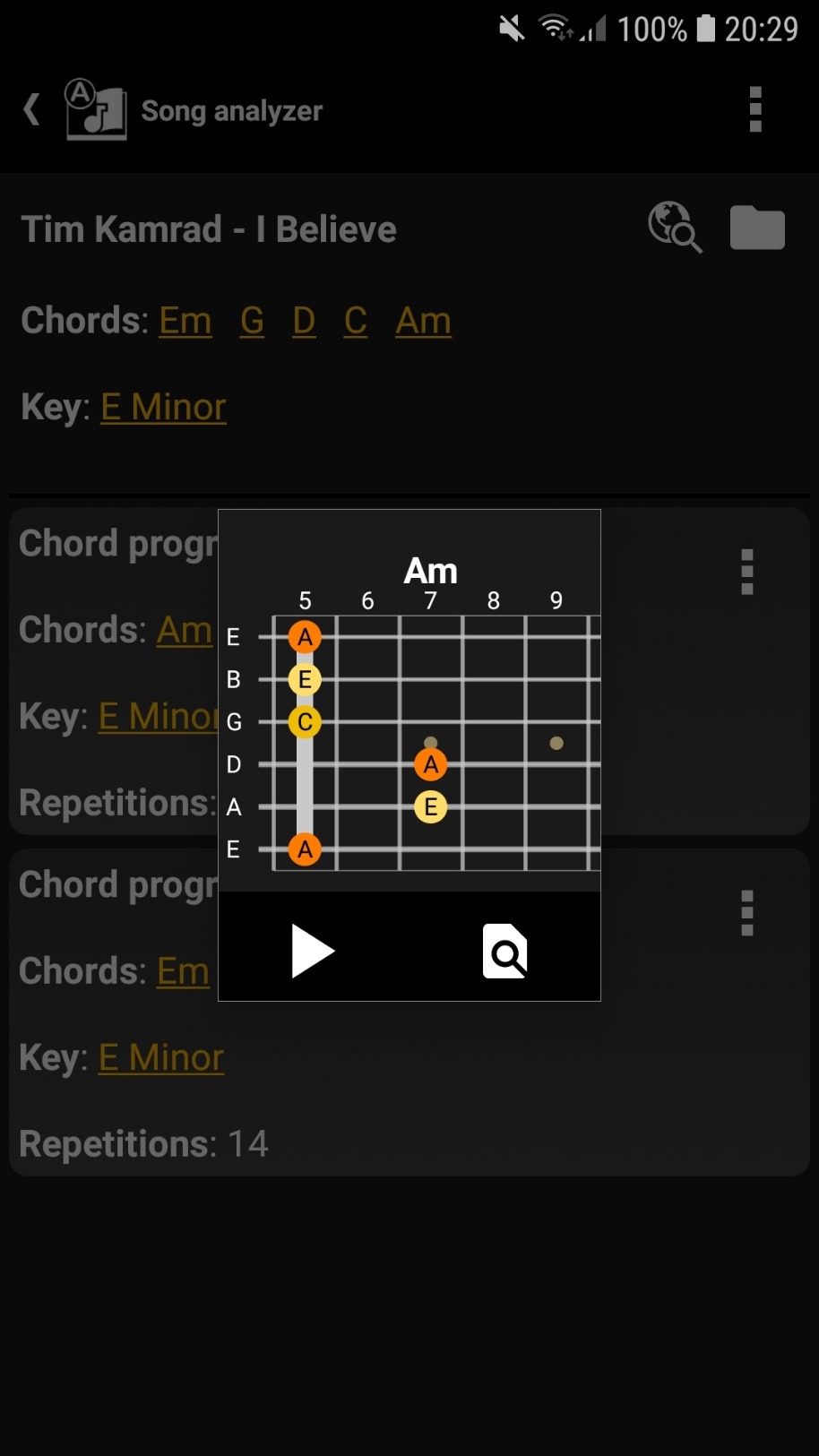 Chord diagram popup inside the Song analyzer showing Am chord fingering on guitar fretboard from fret 5 to 9 with play and chord detail magnifier buttons