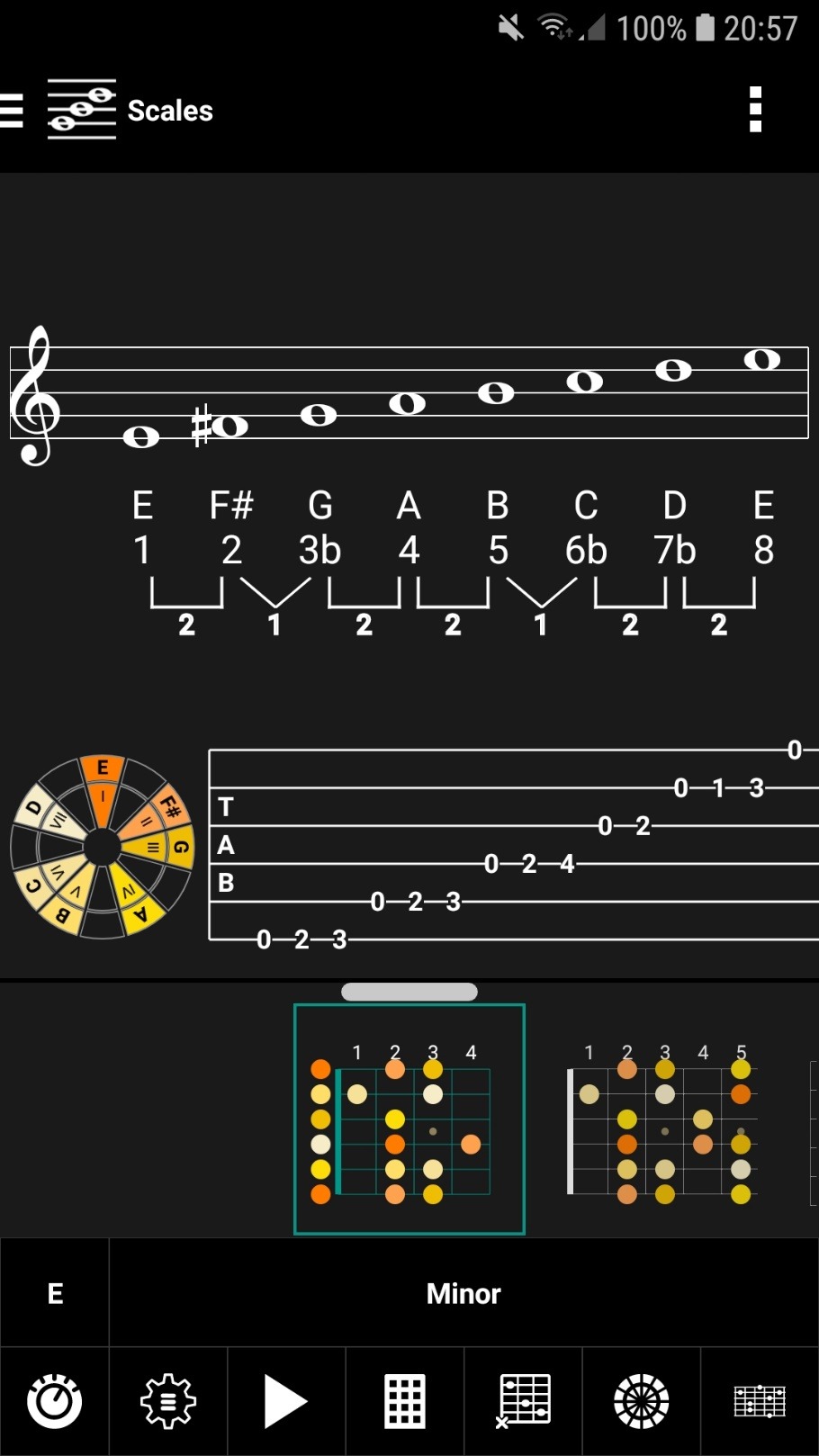 smartChord Scales tool showing E Minor scale with musical notation, scale degrees 1 2 3b 4 5 6b 7b 8, circle of fifths, guitar TAB and fretboard patterns