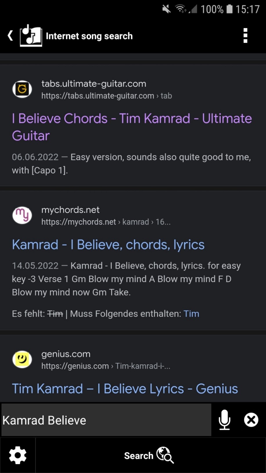 Internet song search browser results for Kamrad Believe showing tabs.ultimate-guitar.com, mychords.net and genius.com links with snippets