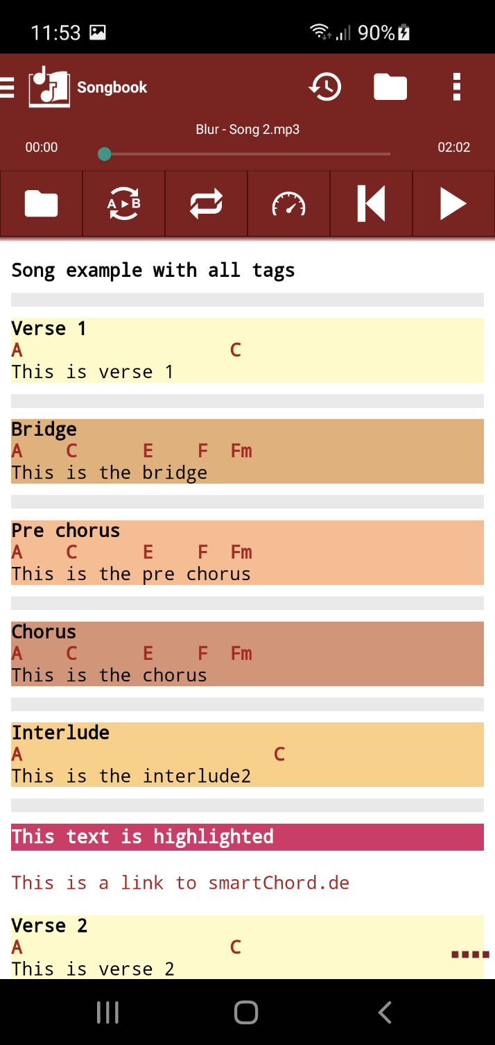 Songbook with built-in audio player showing track Blur Song 2 mp3 with A-B loop, repeat, speed and skip controls