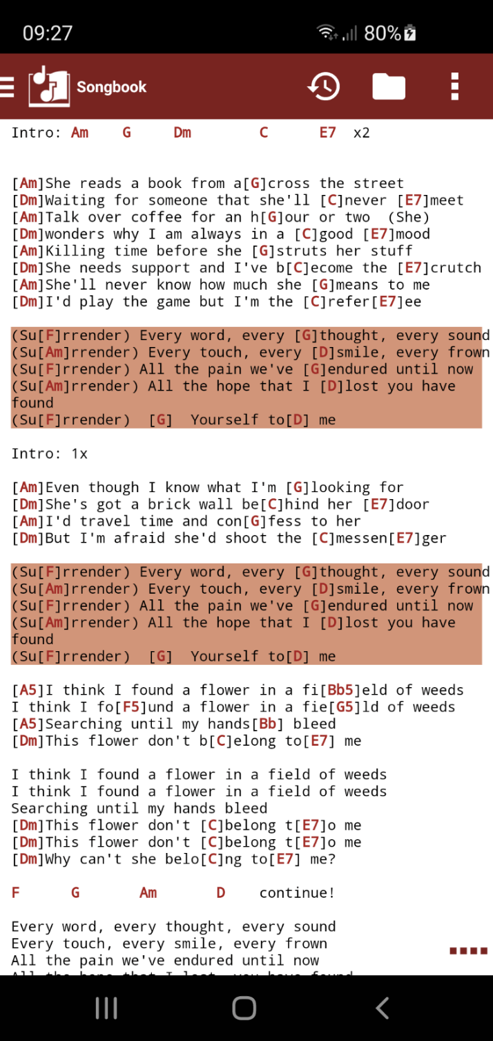 ChordPro mode rendering with inline chord brackets and section colour blocks for verse and chorus