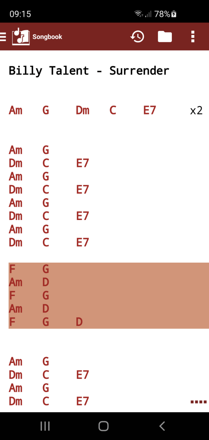 Billy Talent Surrender shown in chords-only mode without lyrics for quick chord-progression reference