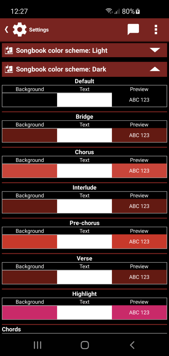 Settings screen for the songbook colour scheme with separate background and text colours per song part