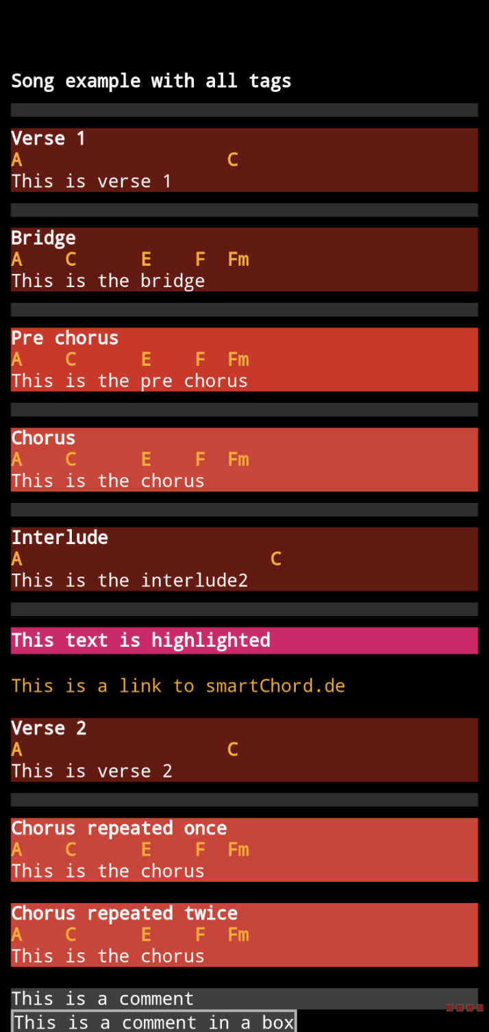 Dark theme song with verse, bridge, pre chorus, chorus, interlude, comment and link tags rendered in distinct colours