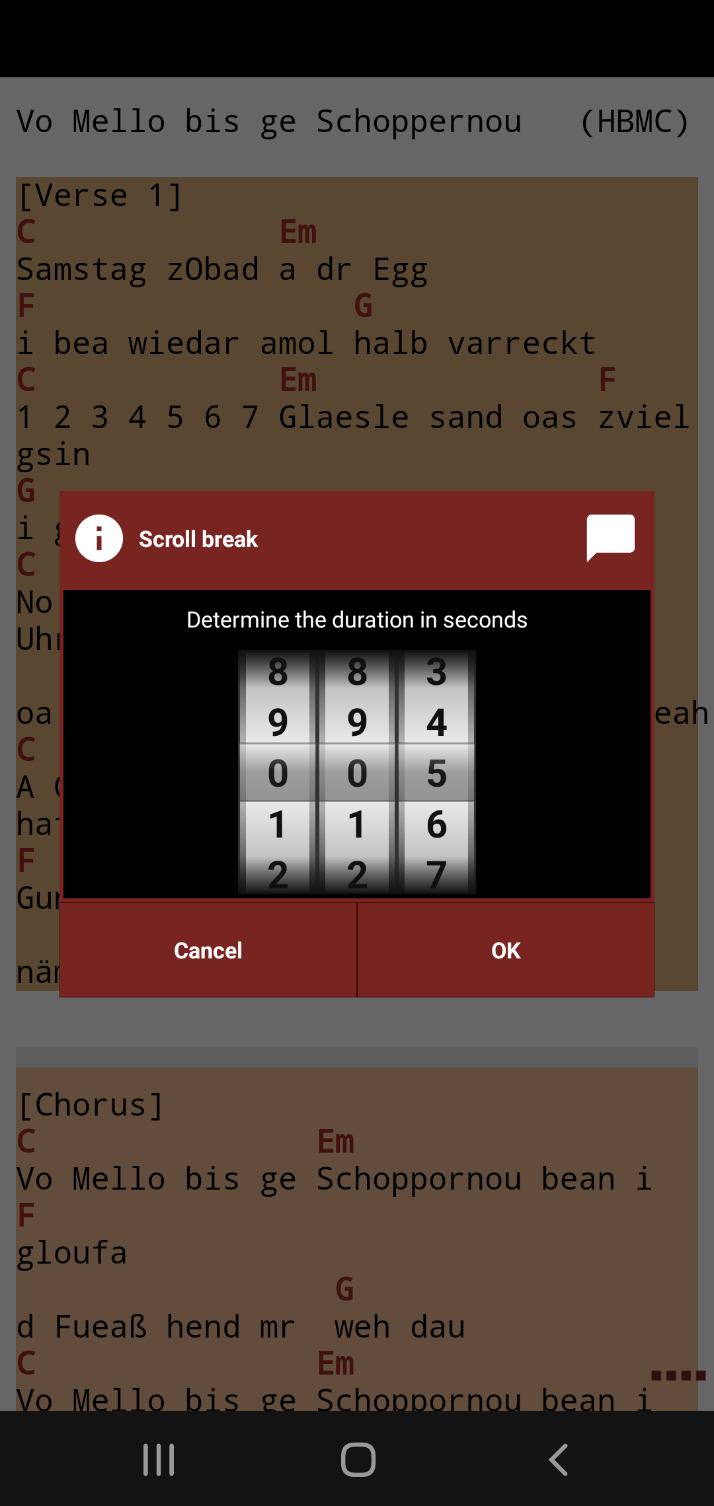 Scroll break dialog with three rolling number wheels to set the pause duration in seconds
