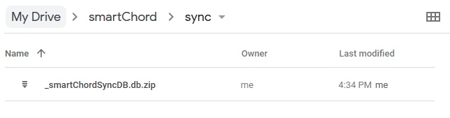 Google Drive folder My Drive smartChord sync containing the _smartChordSyncDB.db.zip file